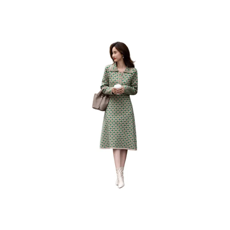 【dme】 Long Sleeved Dress Women's Vintage Green-2