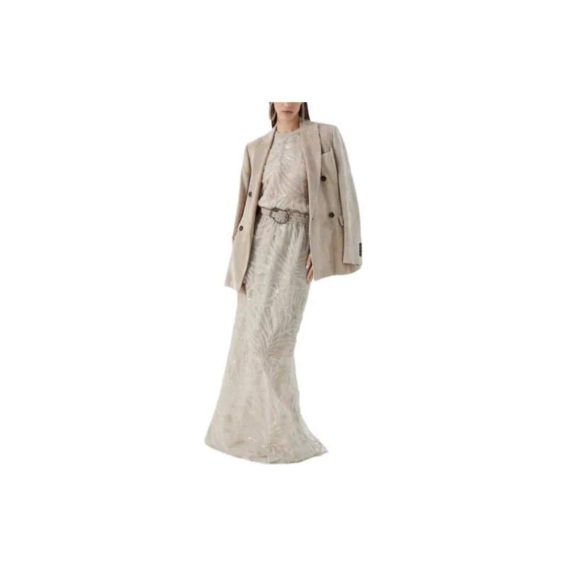 Brunello Cucinelli Crispy Silk T-Shirt With Ramage Embroidery T-Shirt Women's Beige-2