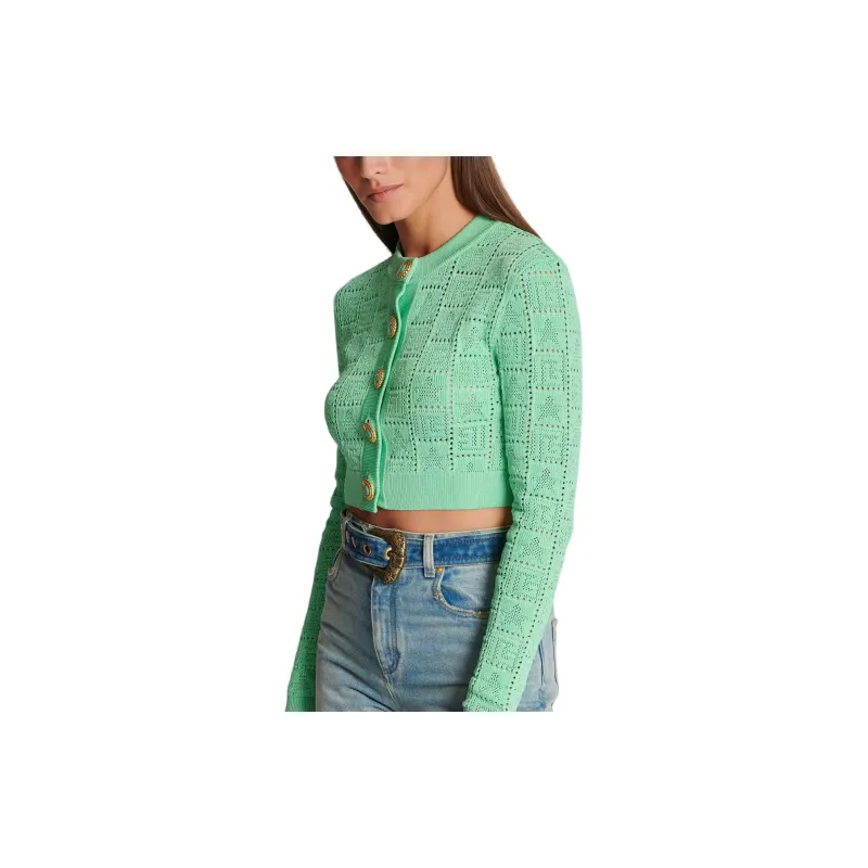 BALMAIN Buttonned Monogram Mesh Knit Cardigan-5