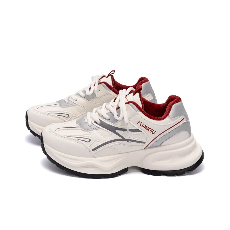HUANQIU Anti Slip And Wear Resistant Warm Low Top Chunky Sneakers Women's Beige Gray Red-1