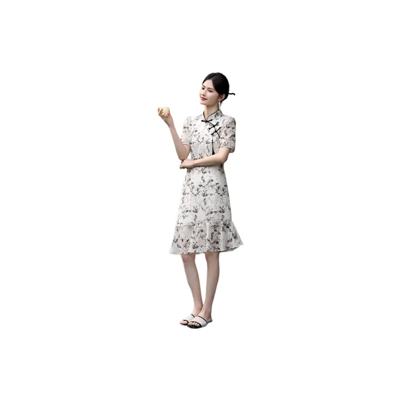 XWI Short Sleeved Dress Women's Beige With Black Floral-1