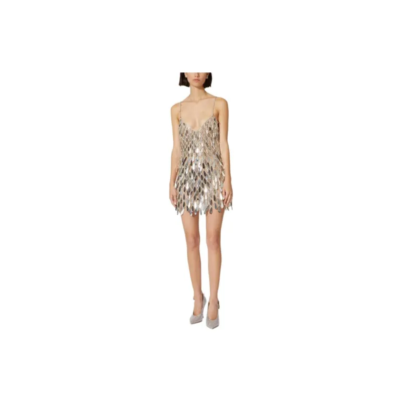 Valentino Tulle Illusione Embroidered Short Dress Slip Dresses Women's Silver-3