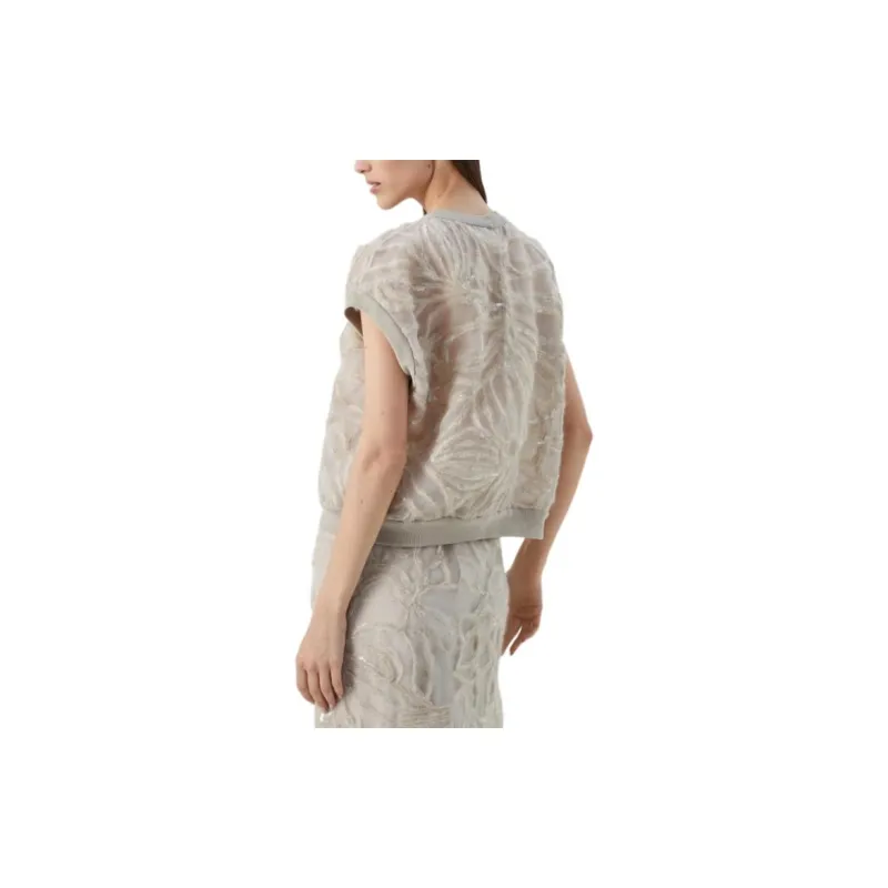 Brunello Cucinelli Crispy Silk T-Shirt With Ramage Embroidery T-Shirt Women's Beige-3