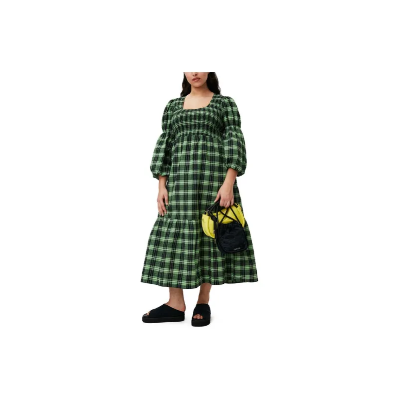 GANNI Seersucker Check Maxi Smock Dress-2