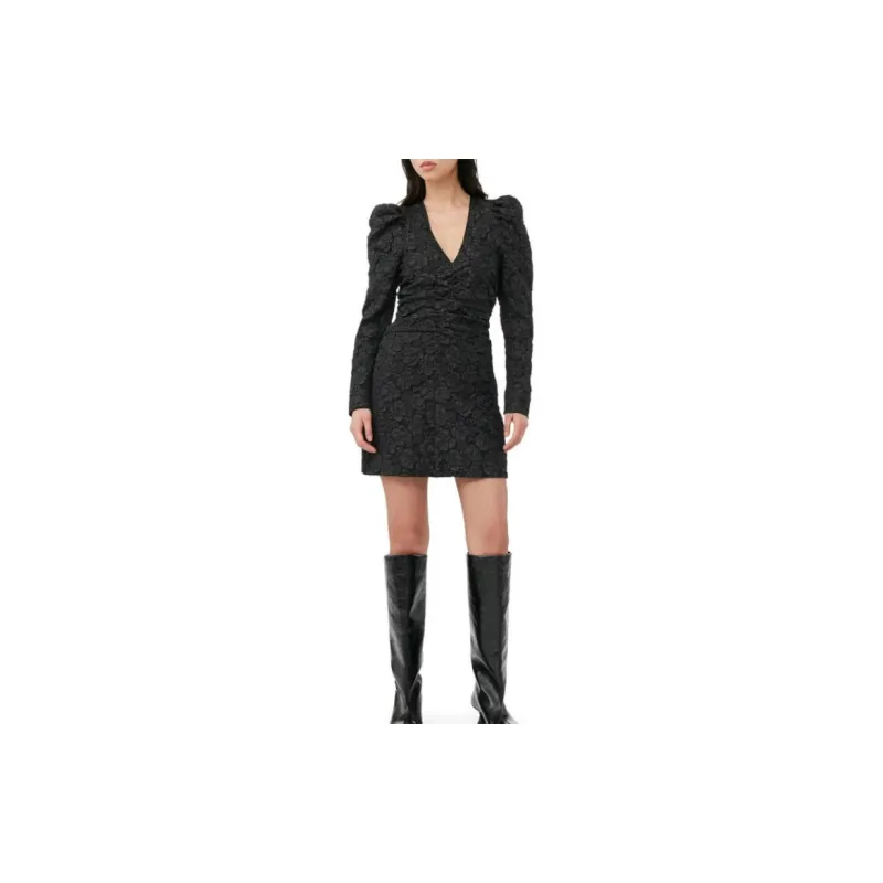 GANNI Stretch Jacquard Puff Sleeves Mini Dress 'Black'-3