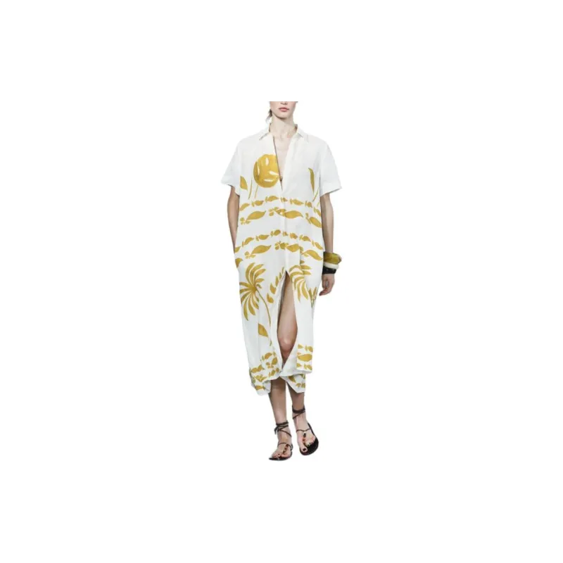 ZARA Short-Sleeved Dresses Women's Yellow/White-2