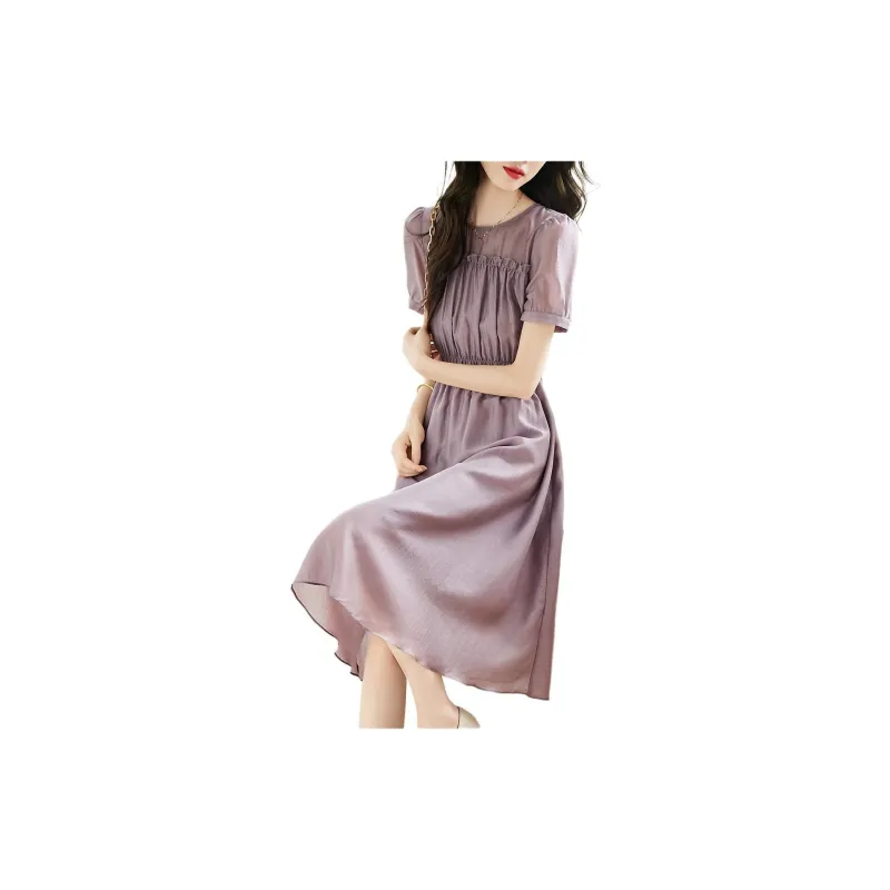 Mo Han Yi Mei Short Sleeved Dress Women's Gray Purple-3