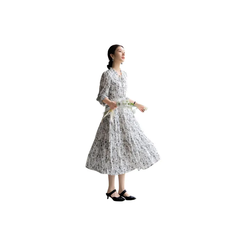 XWI Long-Sleeved Dresses Women's Beige Base With Black Flowers-2