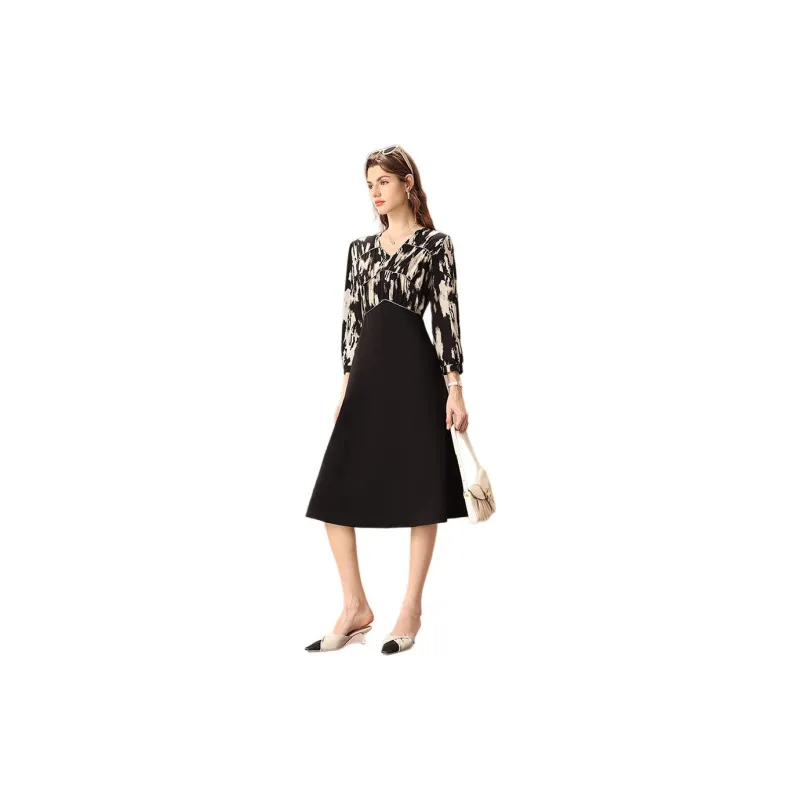 FENHONGMALI Long Sleeved Dresses Women's Black Floral-3