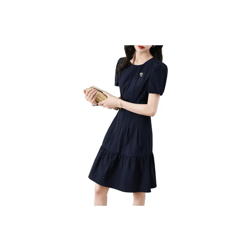 Mo Han Yi Mei Short Sleeved Dresses Women's Navy Blue-4