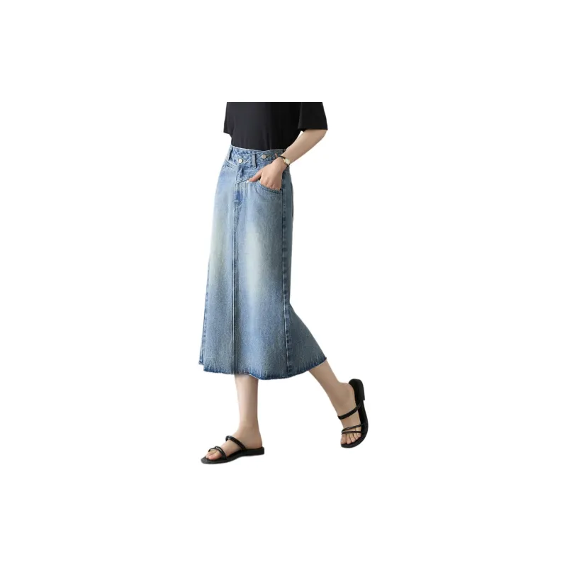 Mo Han Yi Mei Denim Long Skirts Women's Vintage Light Blue-2
