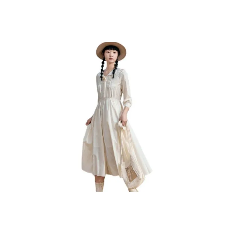 ZIHAN Long Sleeved Dress Women's Beige With Stripes-1