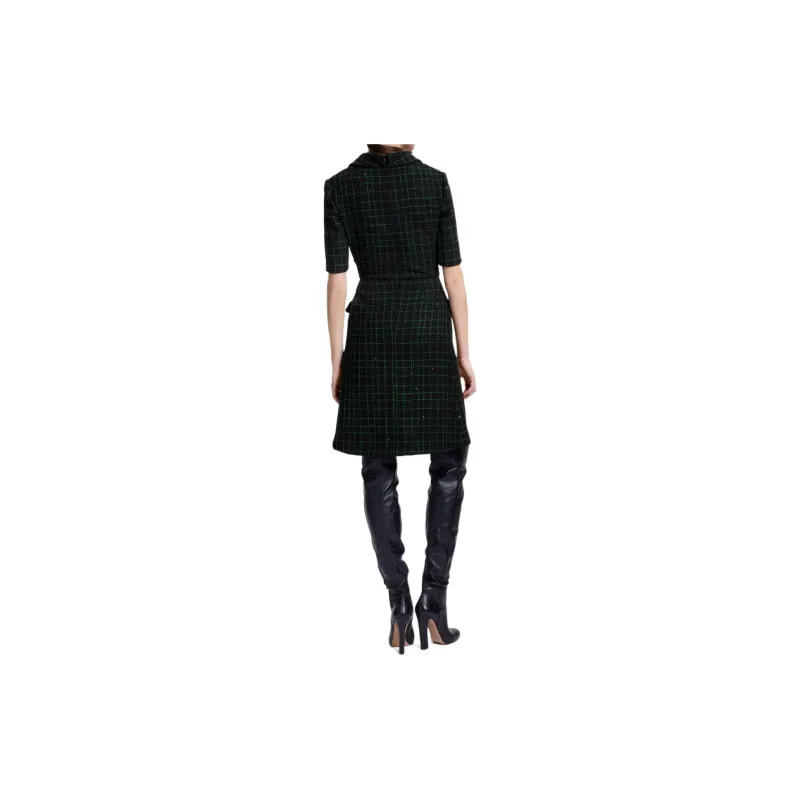 ELIE SAAB SS24 Short-Sleeved Dresses Women's Black Green Plaid-2
