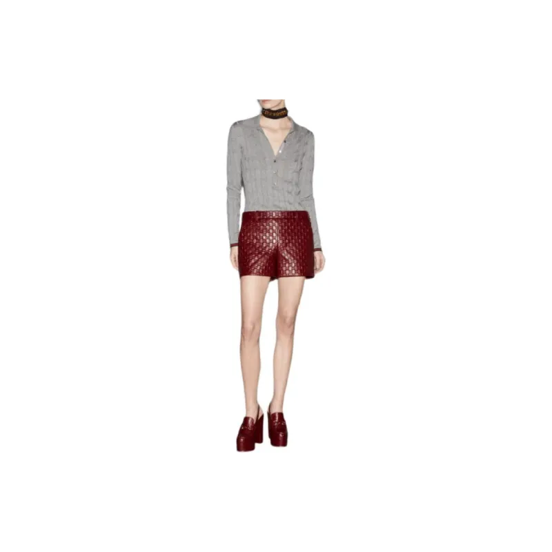 GUCCI Embossed Leather Shorts 'Rosso Ancora'-2