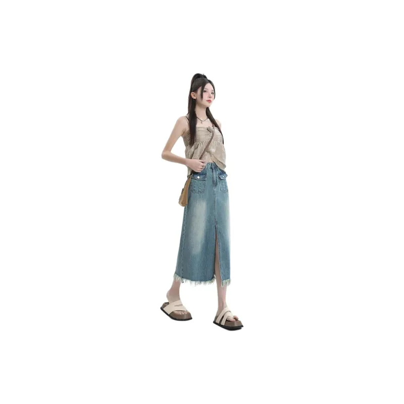 SONGS ALONG Denim Long Skirts Women's Blue-1