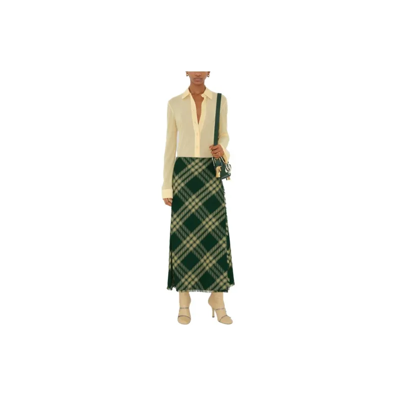 Burberry Check Printed Frayed Edge Midi Skirt-2