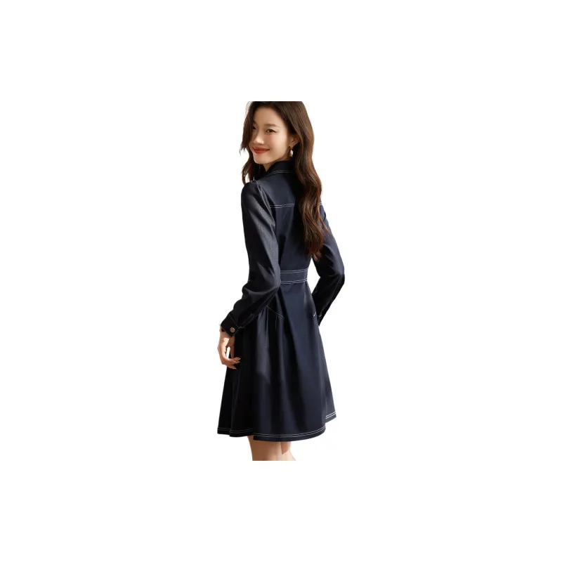 Mo Han Yi Mei Long Sleeved Dress Women's Navy Blue-1