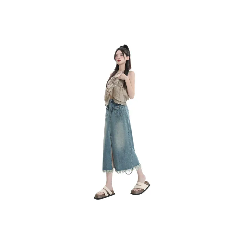 SONGS ALONG Denim Long Skirts Women's Blue-0