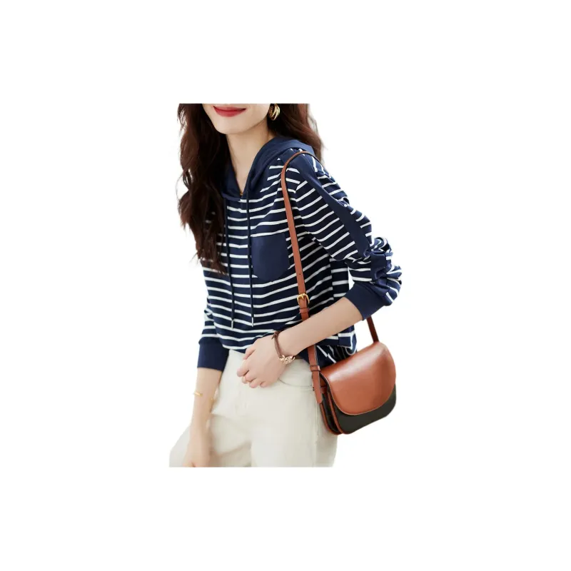 Mo Han Yi Mei Drop Shoulder Sleeve T Shirt Women's Navy Blue Stripes-1