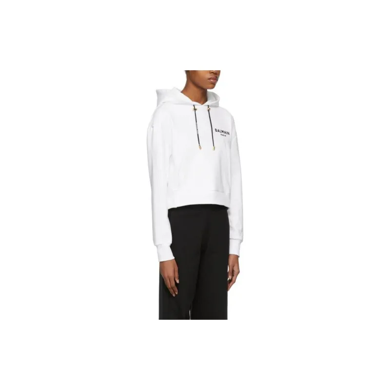 BALMAIN Flocked Logo Drawstring Cropped Hoodie-2