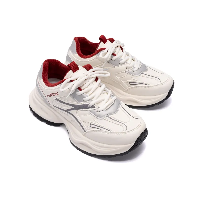 HUANQIU Anti Slip And Wear Resistant Warm Low Top Chunky Sneakers Women's Beige Gray Red-4