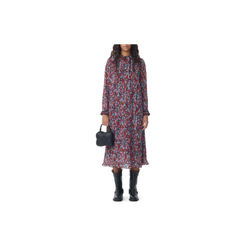 GANNI Red Pleated Georgette Midi Dress Long-Sleeved Dresses Women's Multicolor-3