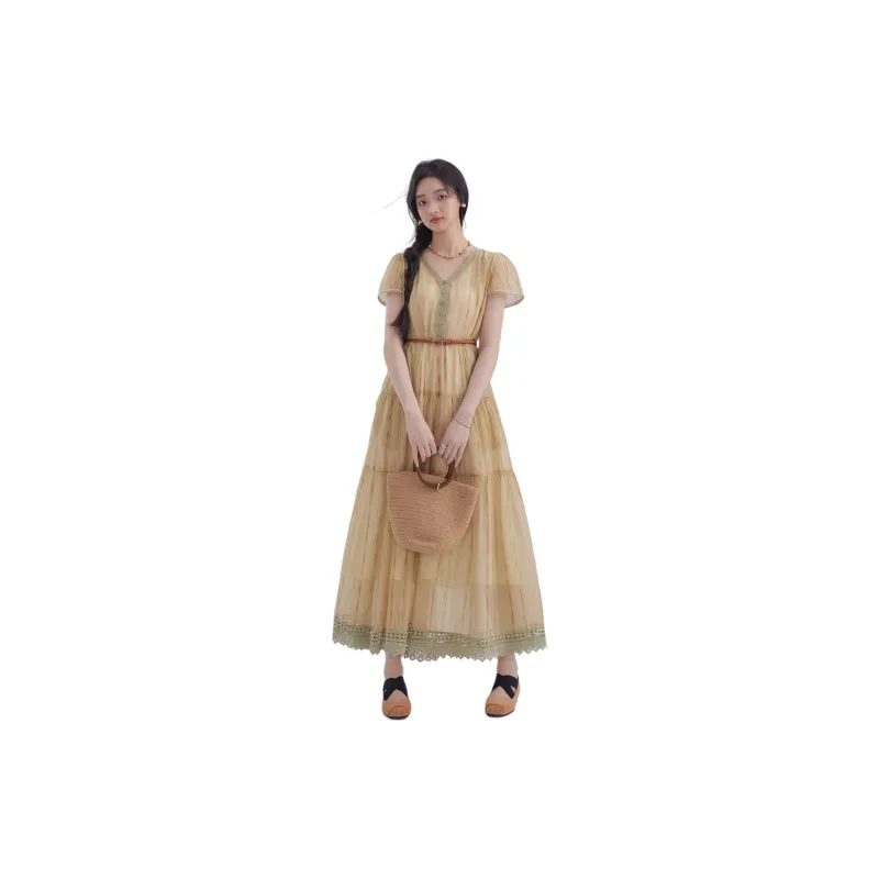 DEAR DEER PUFF Short Sleeved Dresses Women's Yellow-3