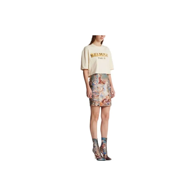 BALMAIN Cropped Metallic Print T Shirt 'Multicolor/Brown'-1