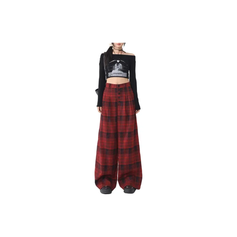 ZNZX Casual Pants Women's Red Plaid-3