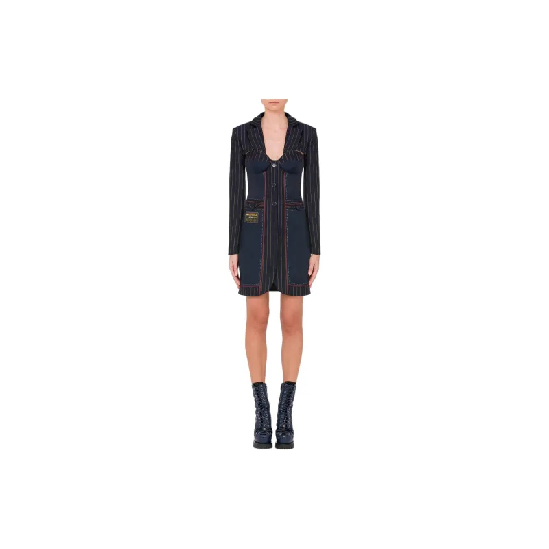 MOSCHINO SS24 Jacquard Wool Shawl Jackets Coats Women's Dark Blue-2