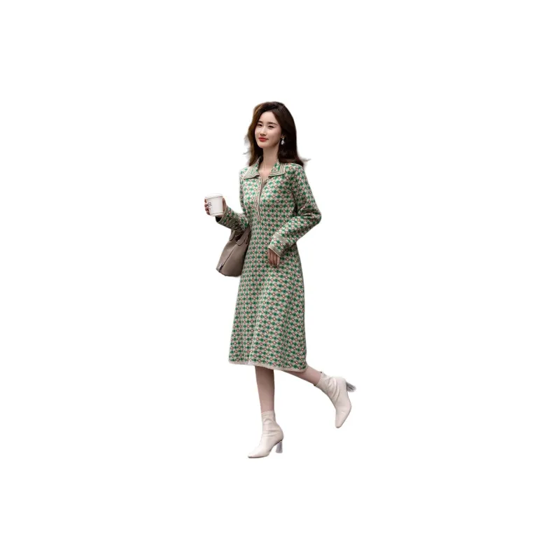 【dme】 Long Sleeved Dress Women's Vintage Green-4