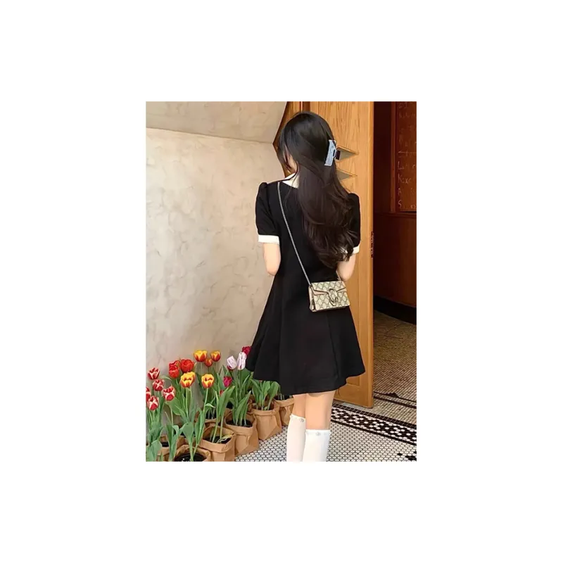 SUNSUNTOWN Short Sleeved Dress Women's Black & Apricot-2