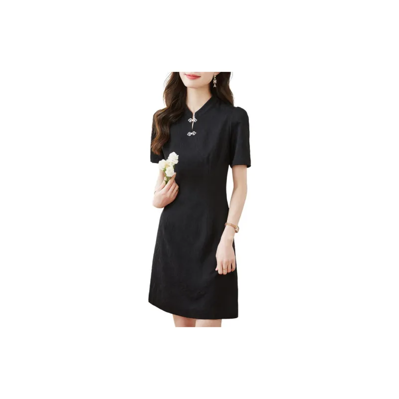 Still Quiet Short Sleeved Dresses Women's Black-3