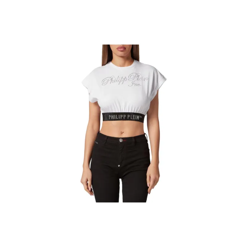PHILIPP PLEIN Rhinestone logo Cropped T shirt-1