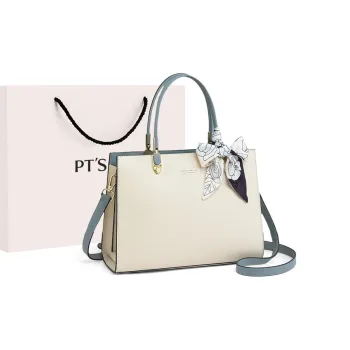 PT'SON Cow Leather With Synthetic Leather Shoulder Bag, Crossbody Bag, Handbag Large Size Women's Ecru
