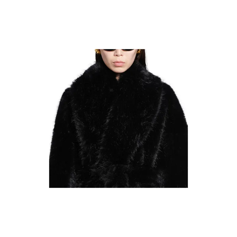 Balenciaga SS25 Velvet-feel Coat Loose Fit Style Women's Black-4