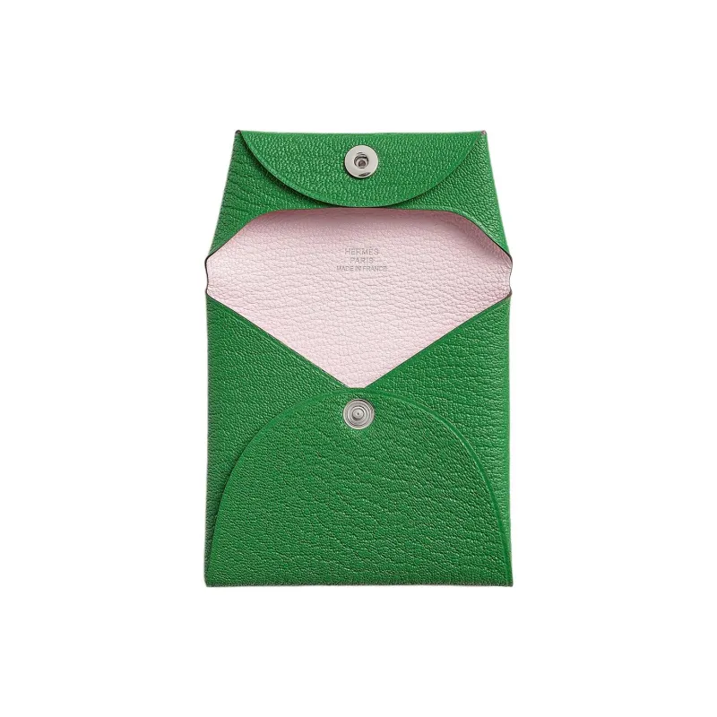 HERMES Bastia Mysore Goat Skin Coin Purse Women's Bamboo Green With Soft Pink-1