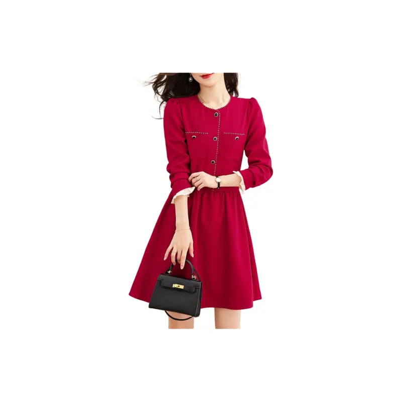Still Quiet Long Sleeved Dress Women's Red-6