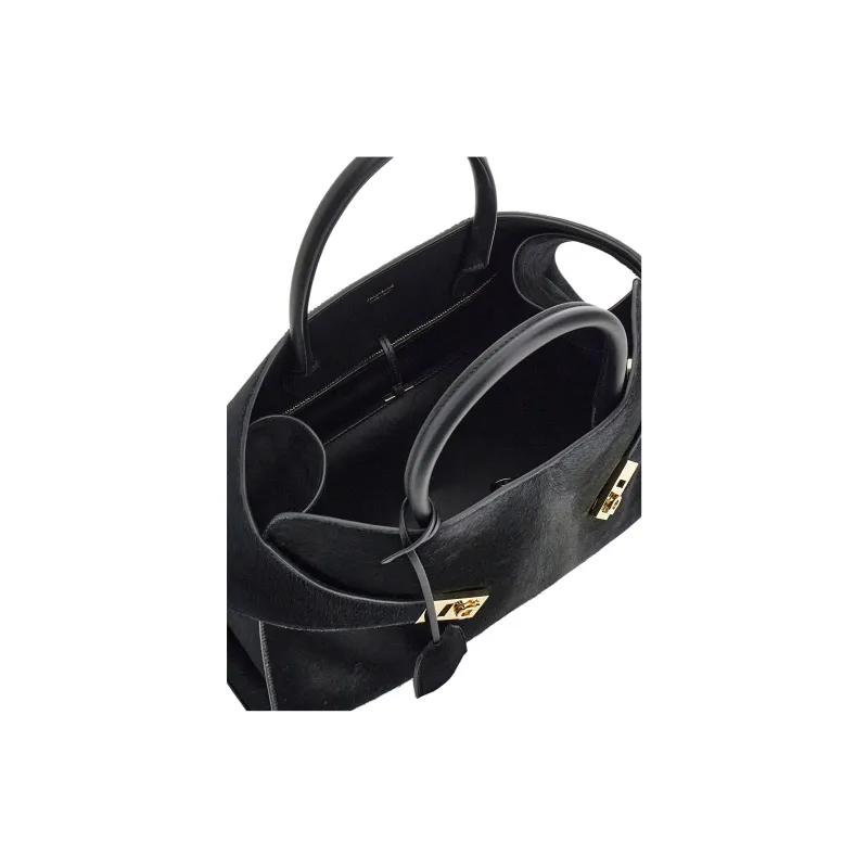 FERRAGAMO GANCINI Hammered Calfskin With Pony Leather Handbag Medium Size Women's Black-4