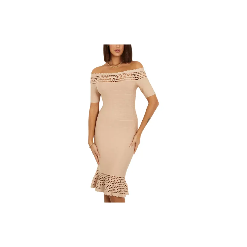 GUESS Off-Shoulder Mini Sweater Dress Short-Sleeved Dresses Women's Beige-1