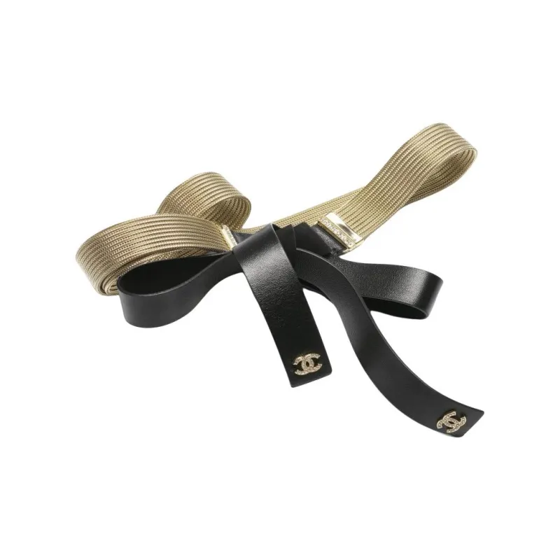 CHANEL Sheepskin Metal Rhinestone Crystal Leather Belts Women's Black/Gold --1
