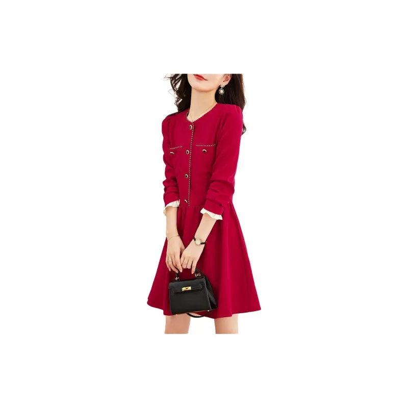 Still Quiet Long Sleeved Dress Women's Red-5