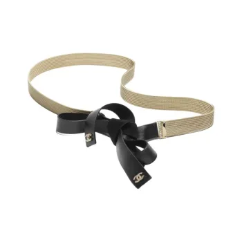 CHANEL Sheepskin Metal Rhinestone Crystal Leather Belts Women's Black/Gold -