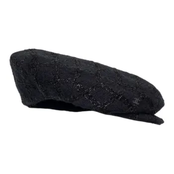 CHANEL Wool Cotton Berets Unisex Black