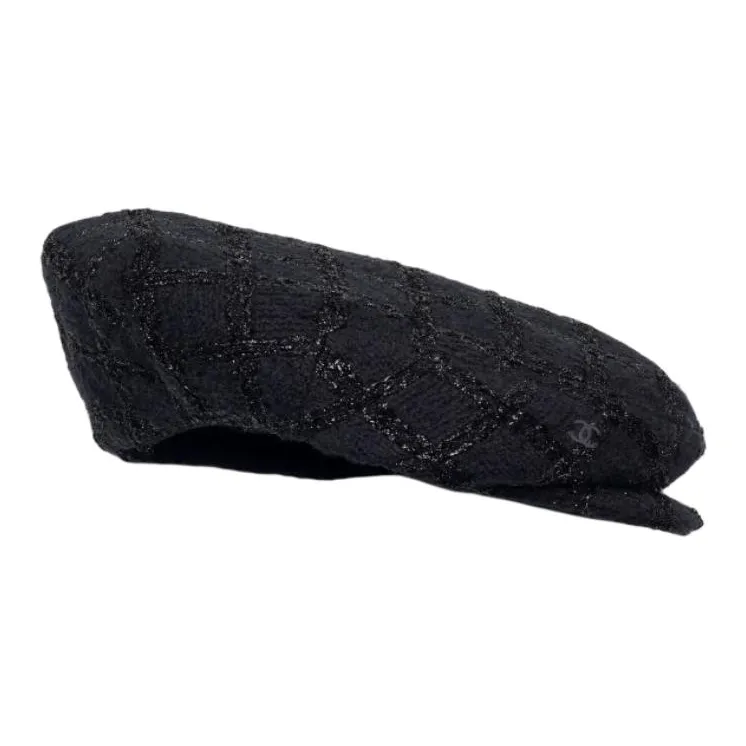 CHANEL Wool Cotton Berets Unisex Black-0