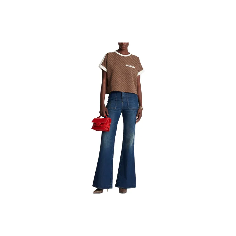 BALMAIN FW23 Mini Monogram Jacquard Jersey T-Shirt T-Shirt Women's Brown-1