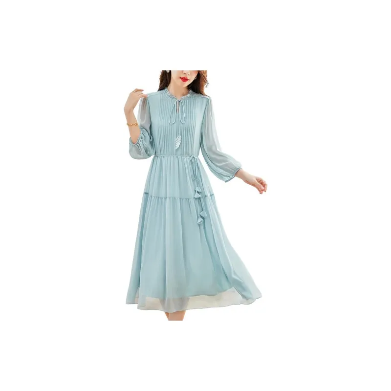 Yi Mengyuan Lace Up Silk Short Sleeved Dress Women's-2