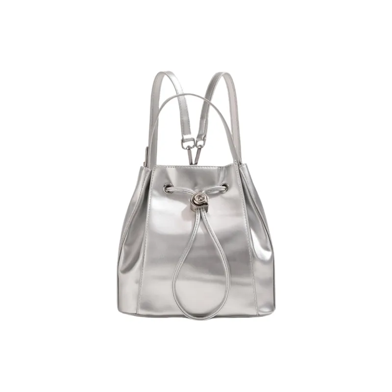 NOMK PU Backpack, Handbag, Bucket Bag Women's Ecru/Silver/Black-2