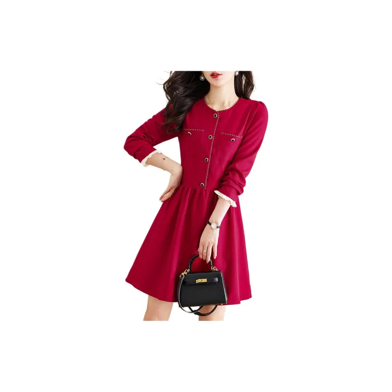 Still Quiet Long Sleeved Dress Women's Red-4