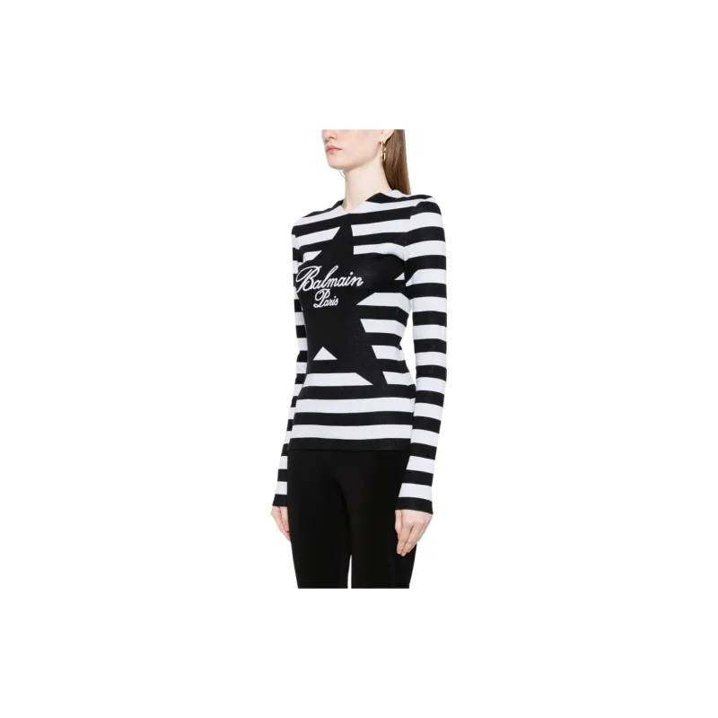 BALMAIN Logo Intarsia knit Striped Cotton Top-2